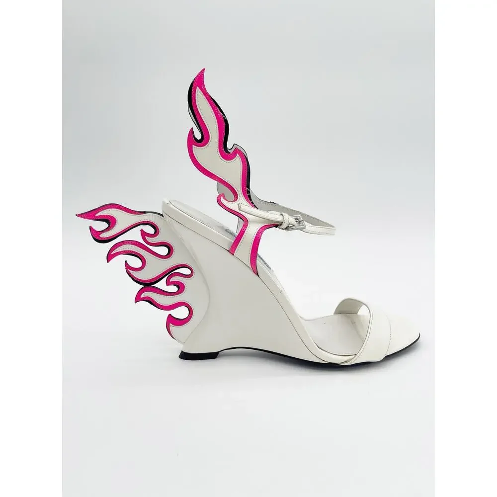 Prada Flame Wedge Sandals White Patent Neon Pink 2018 Reissue Hotrod Heels IT 38 - Picture 3 of 16